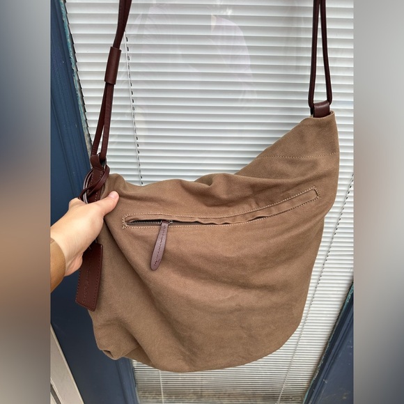 Asymmetrical Leather Cotton Canvas Brown Fold Over Crossbody Messenger Bag - Picture 7 of 16